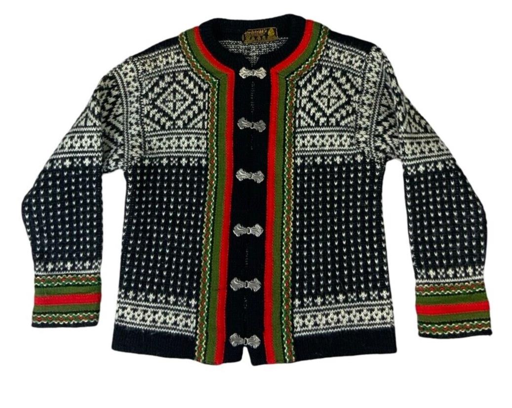 VTG 1970s TRADITIONAL NORWAY HANDKNIT WOOL FOLK CARDIGAN SCANDINAVIAN S 8