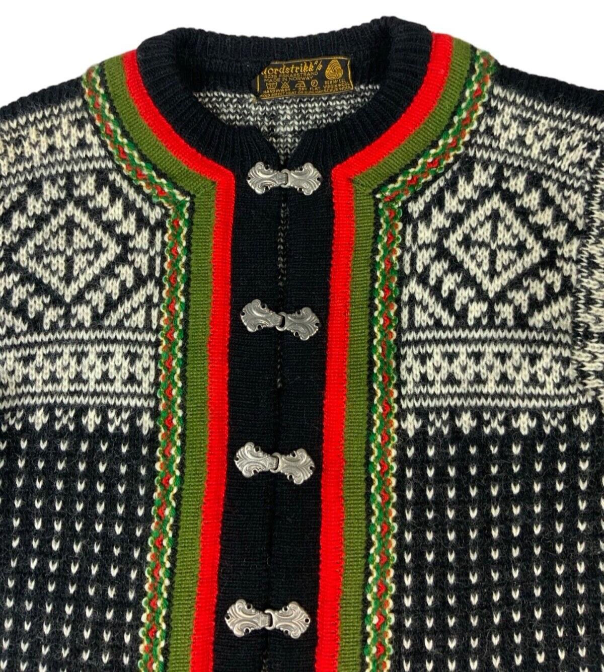 VTG 1970s TRADITIONAL NORWAY HANDKNIT WOOL FOLK CARDIGAN SCANDINAVIAN S 8