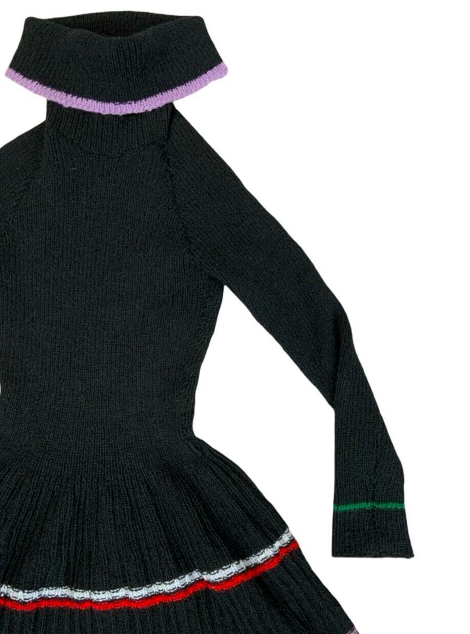 VTG 70S 80s BLACK MULTICOLOUR STRIPE KNITTED ROLL NECK MIDI DRESS SIZE S 8