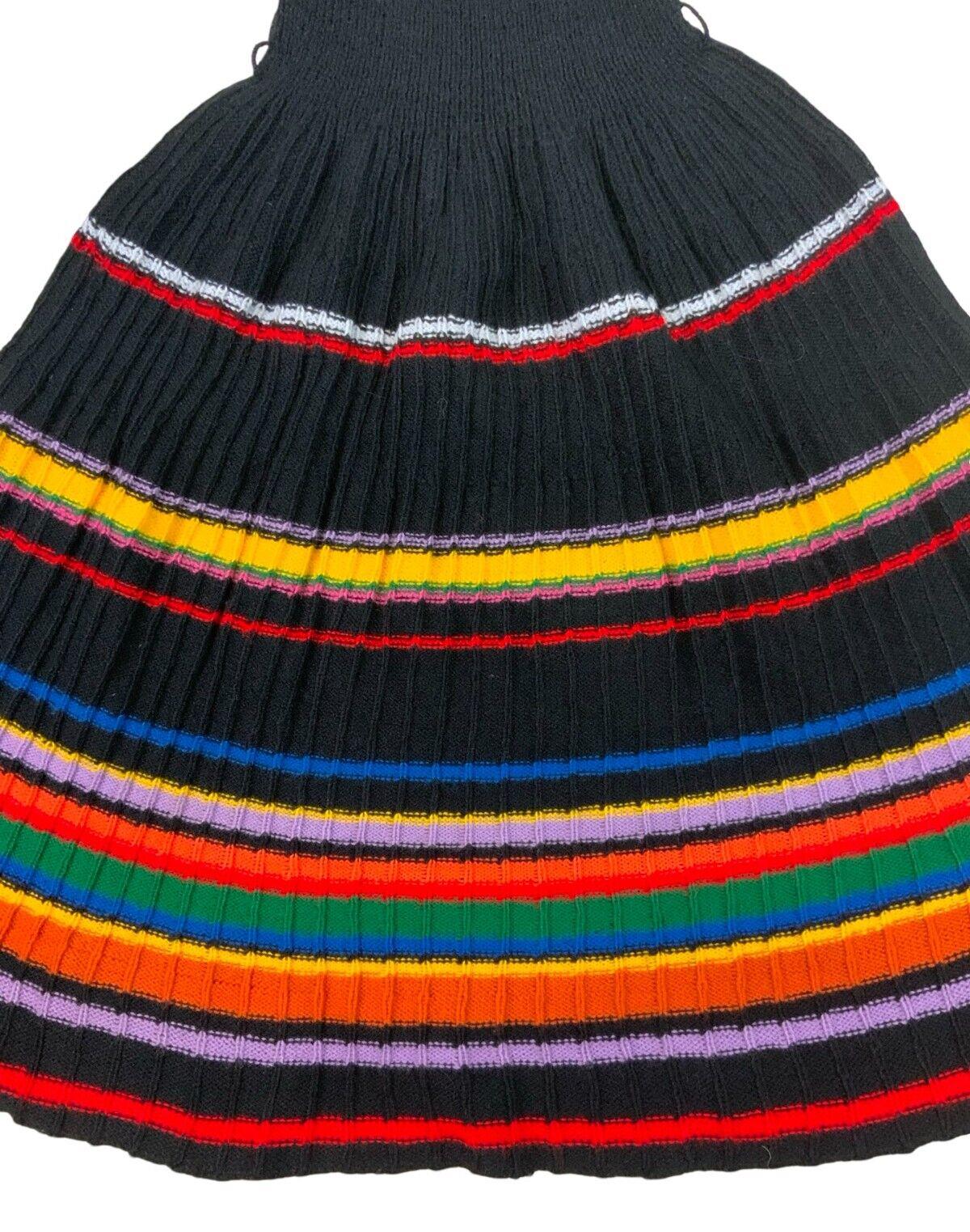 VTG 70S 80s BLACK MULTICOLOUR STRIPE KNITTED ROLL NECK MIDI DRESS SIZE S 8