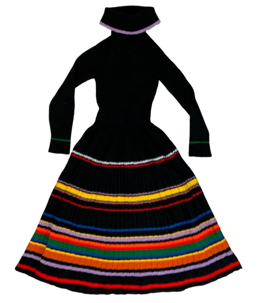 VTG 70S 80s BLACK MULTICOLOUR STRIPE KNITTED ROLL NECK MIDI DRESS SIZE S 8