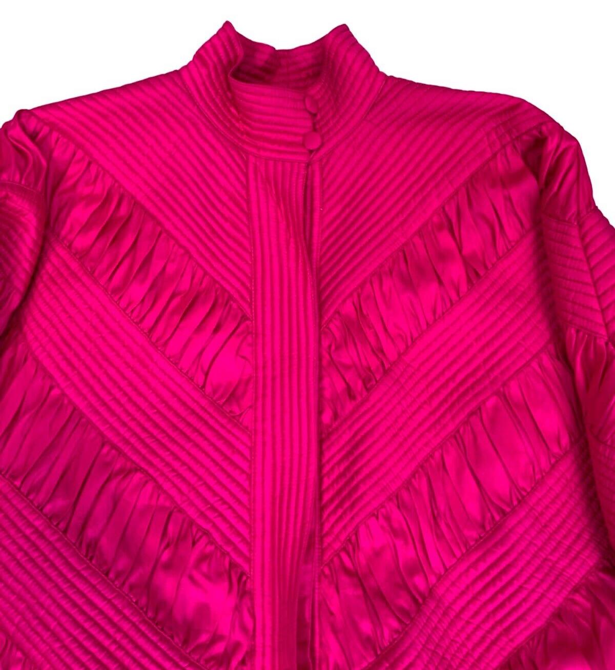 VTG 90s 00s PURE SILK BRIGHT PINK BUTTON UP PADDED RUCHED JACKET SIZE S 8