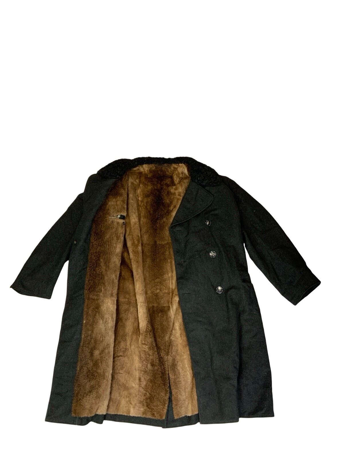 VTG 80s BLACK DOUBLE BREASTED HEAVYWEIGHT SHERPA WOOL DUSTER COAT SIZE XL