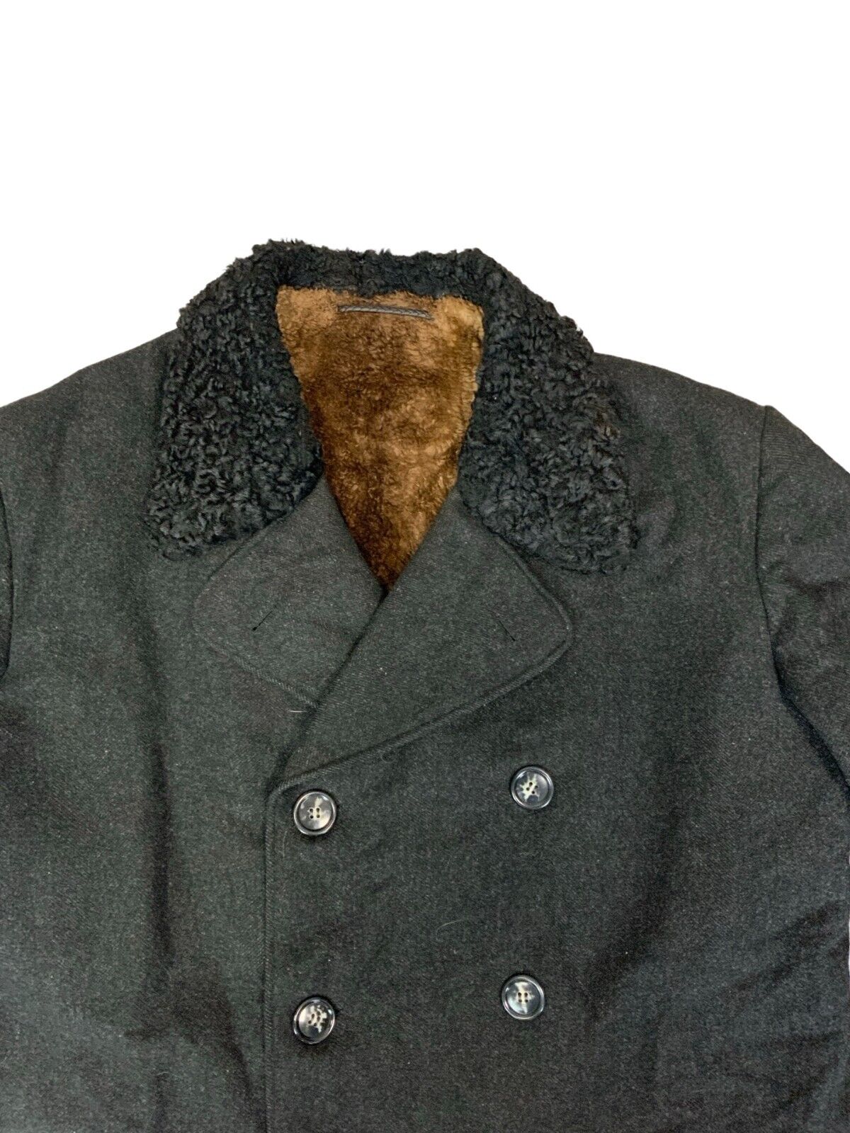 VTG 80s BLACK DOUBLE BREASTED HEAVYWEIGHT SHERPA WOOL DUSTER COAT SIZE XL