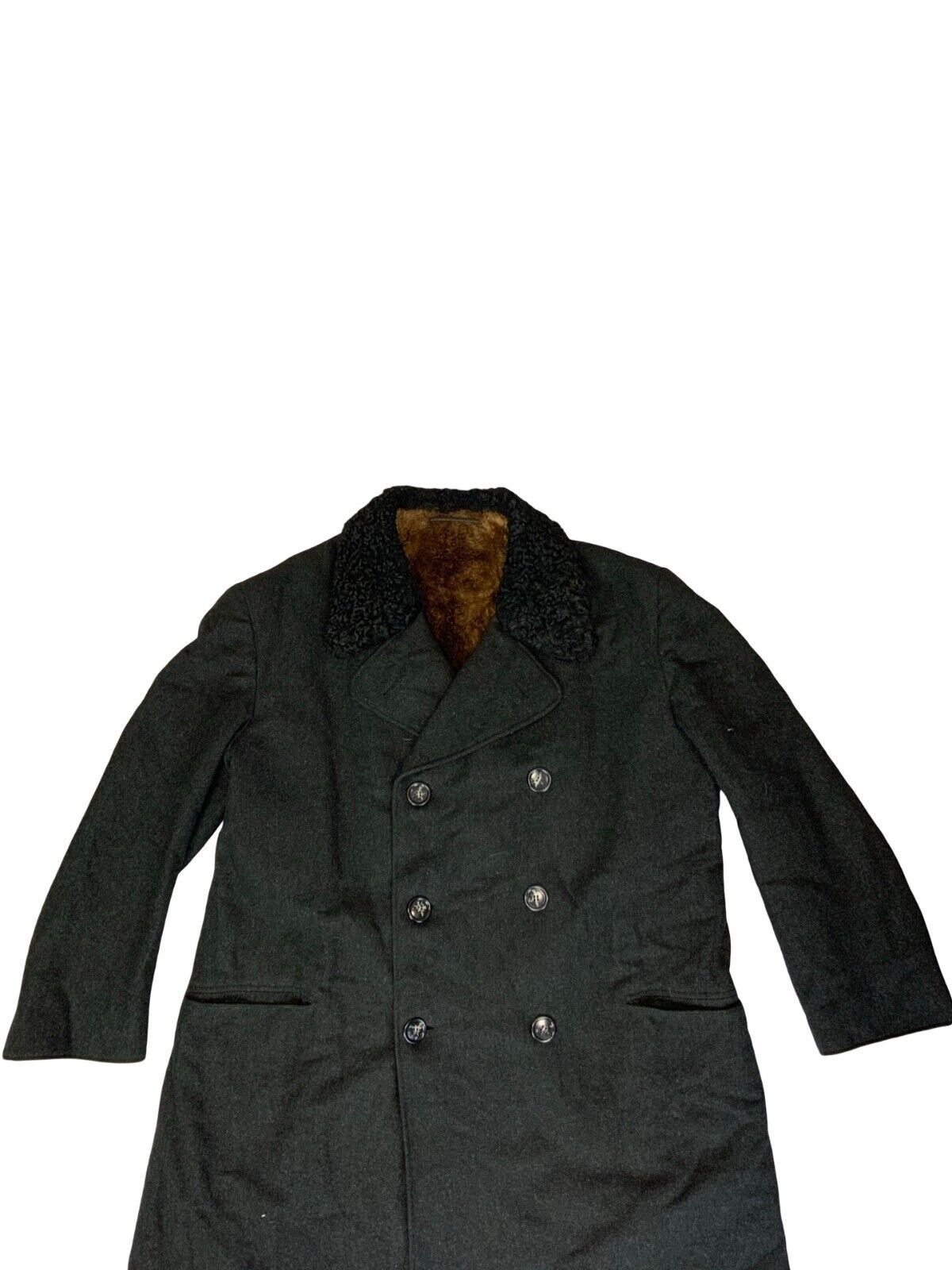 VTG 80s BLACK DOUBLE BREASTED HEAVYWEIGHT SHERPA WOOL DUSTER COAT SIZE XL