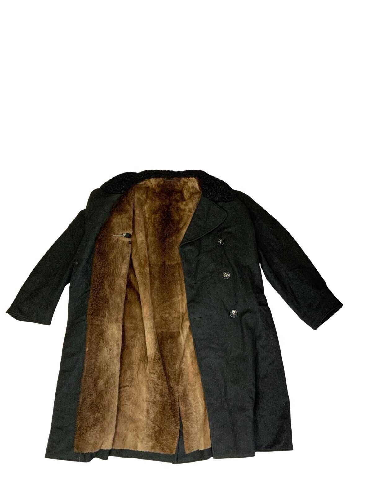 VTG 80s BLACK DOUBLE BREASTED HEAVYWEIGHT SHERPA WOOL DUSTER COAT SIZE XL
