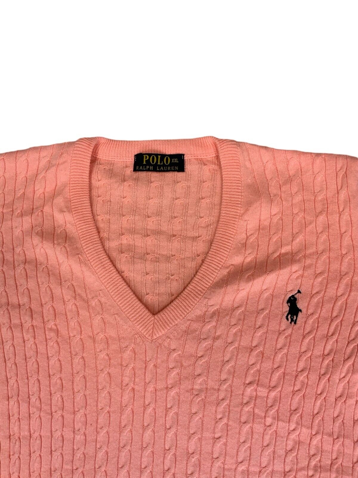 VTG 90s 00s POLO RALPH LAUREN PINK CABLE KNIT V NECK KNIT JUMPER SIZE L
