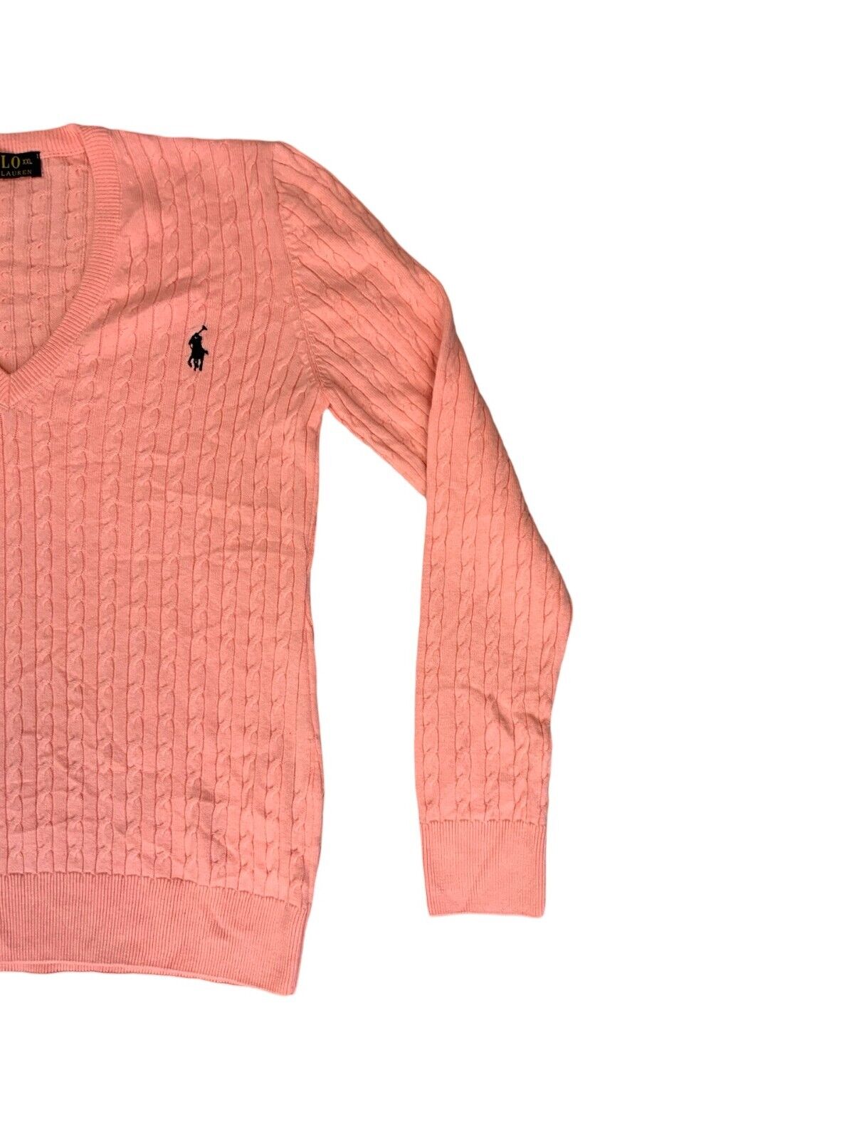 VTG 90s 00s POLO RALPH LAUREN PINK CABLE KNIT V NECK KNIT JUMPER SIZE L