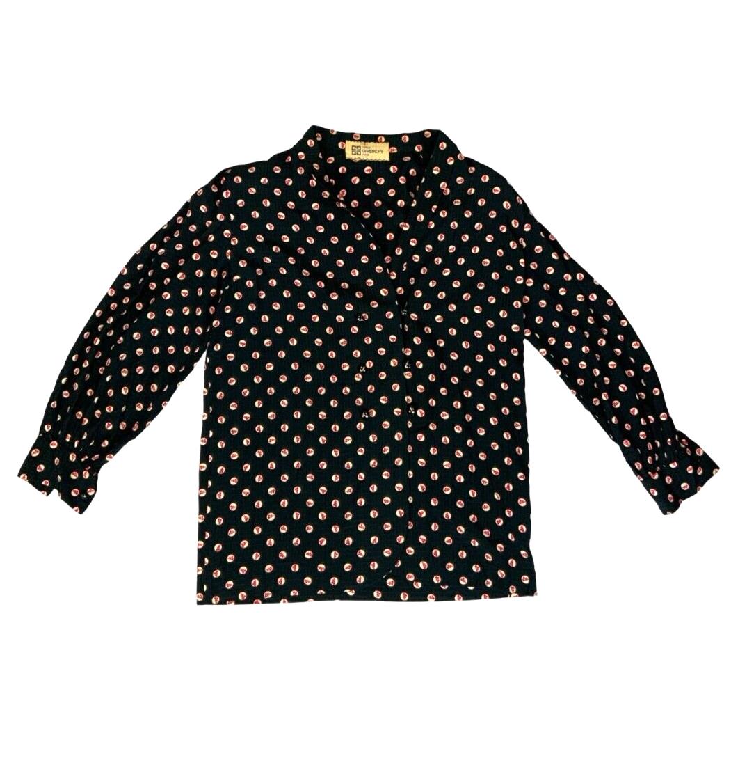 VTG 80s GIVENCHY BLACK CHERRY POLKA DOT LONG SLEEVE BLOUSE SIZE M