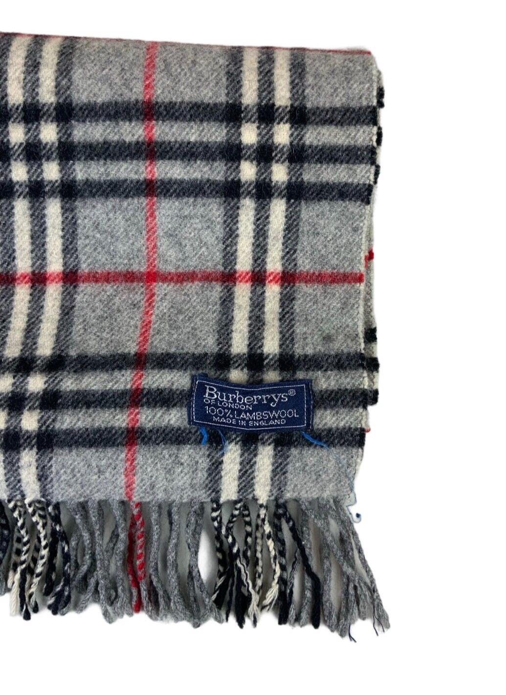 VTG 80s BURBERRYS GRERY RED BLACK NOVA CHECK LAMBSWOOL SCARF