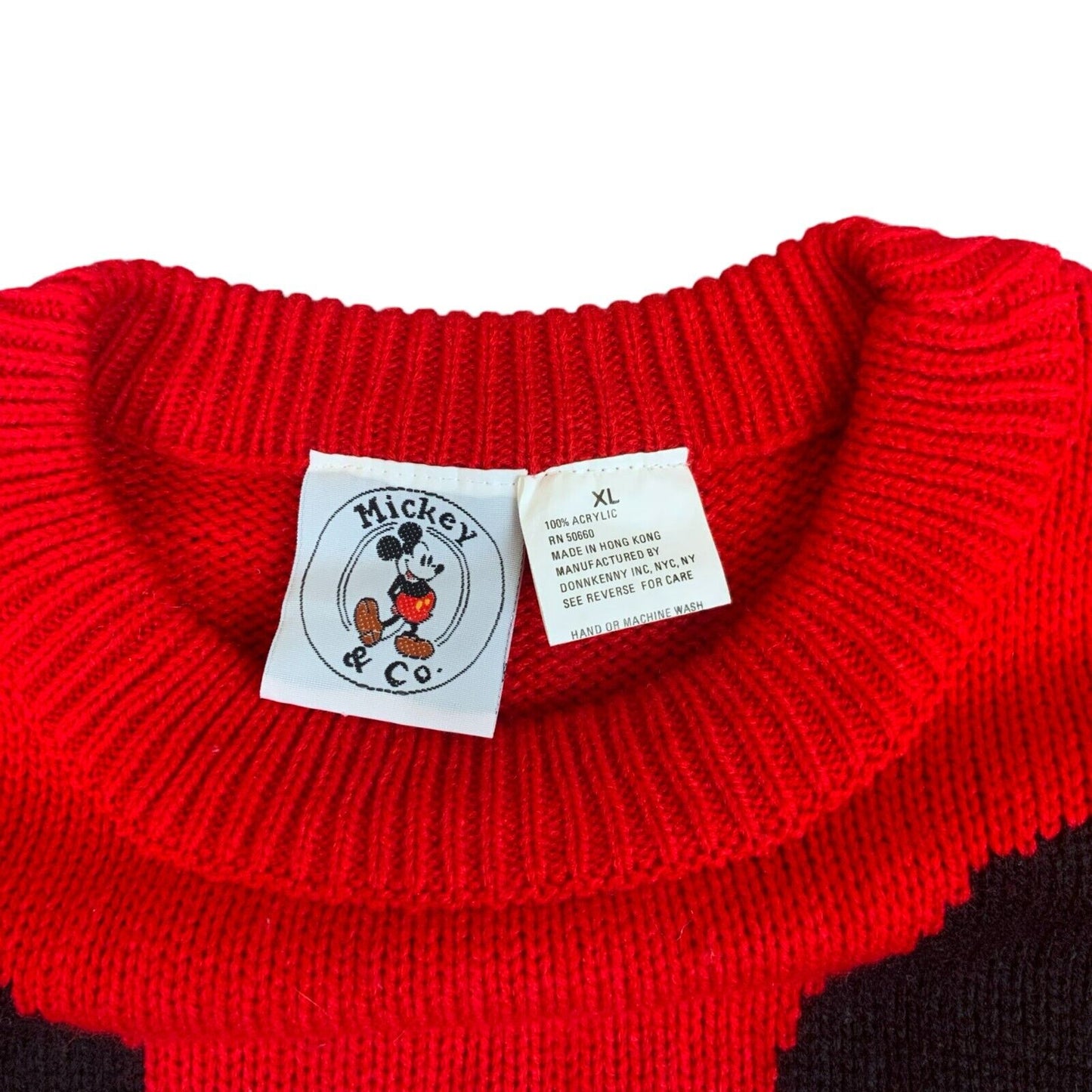 VTG 90s MICKEY MOUSE & CO DISNEY RED BLACK GRAPHIC CREW NECK KNIT JUMPER XL