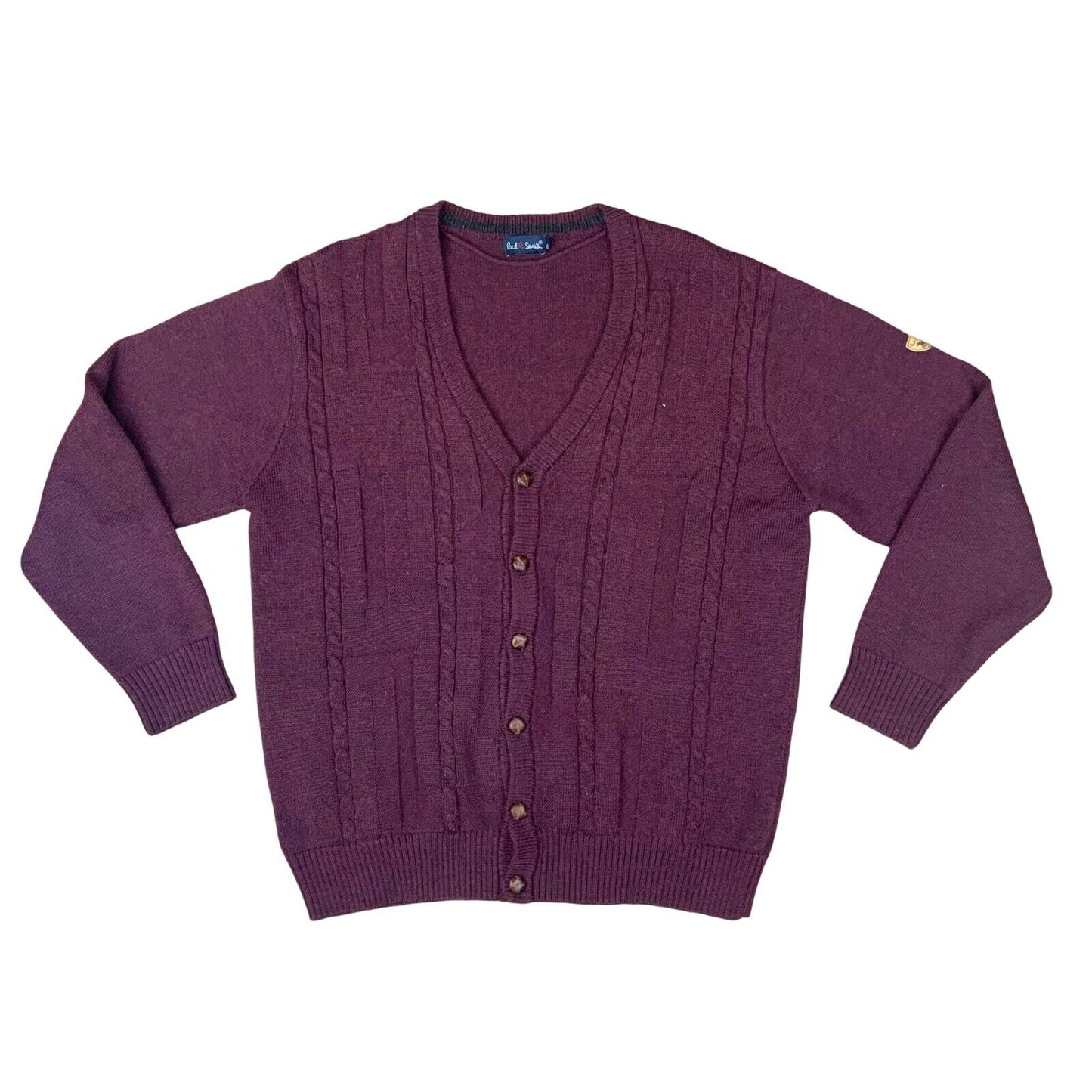 VTG 80s PAUL SMITH BURGUNDY V NECK CABLE KNIT CARDIGAN SIZE L