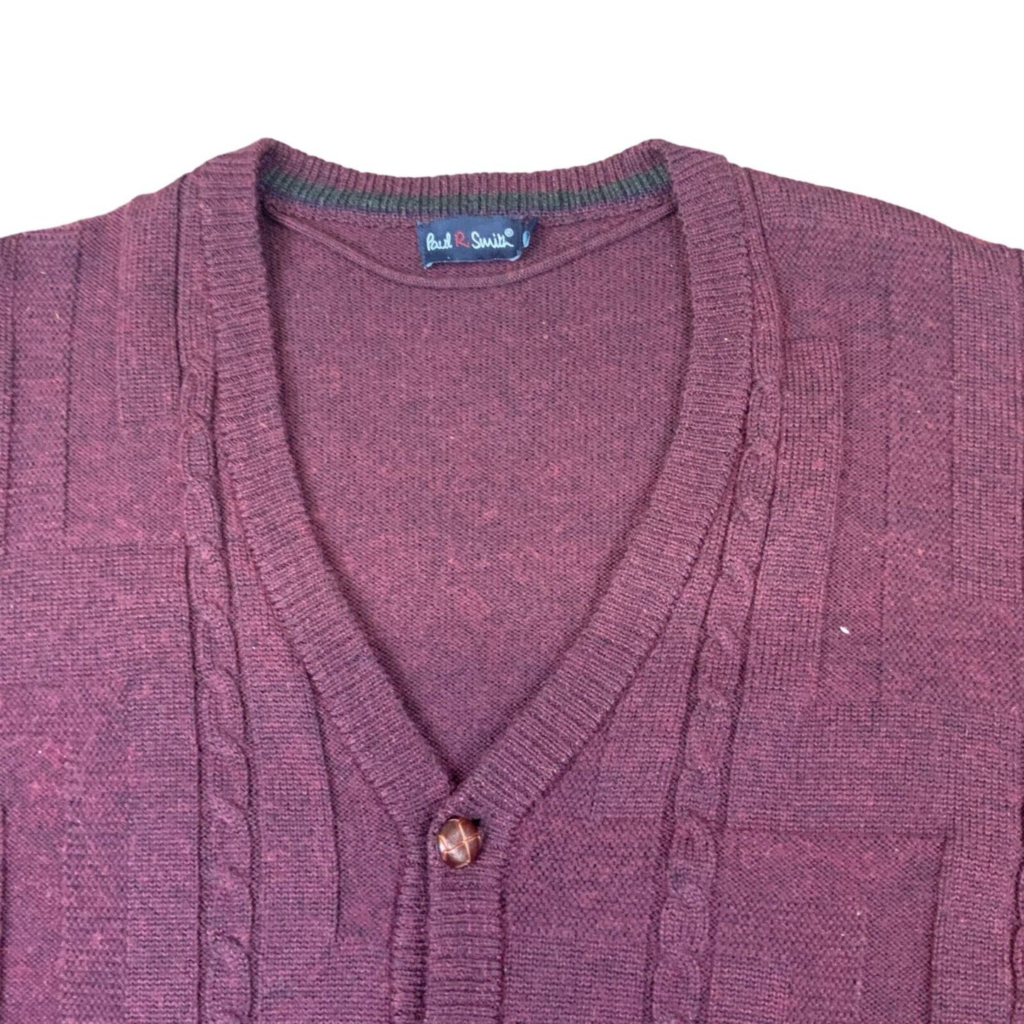 VTG 80s PAUL SMITH BURGUNDY V NECK CABLE KNIT CARDIGAN SIZE L