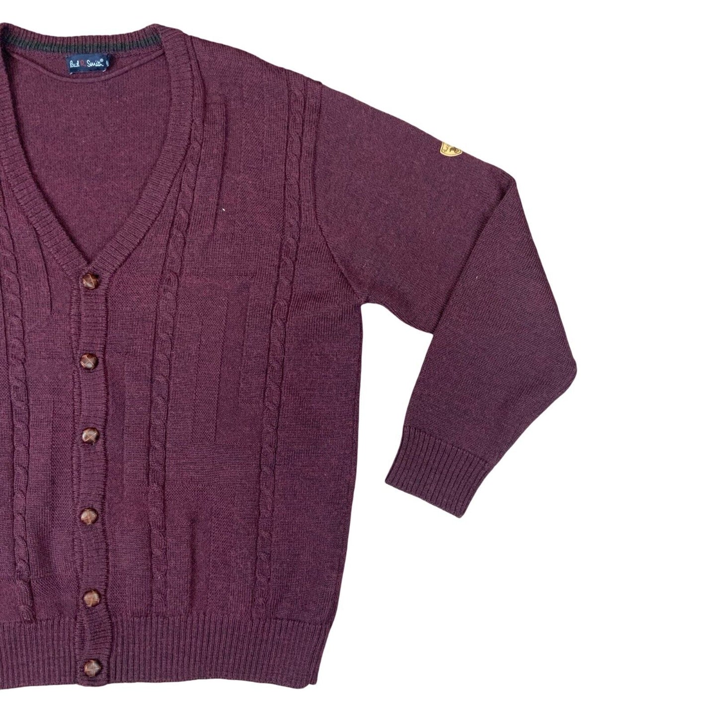 VTG 80s PAUL SMITH BURGUNDY V NECK CABLE KNIT CARDIGAN SIZE L