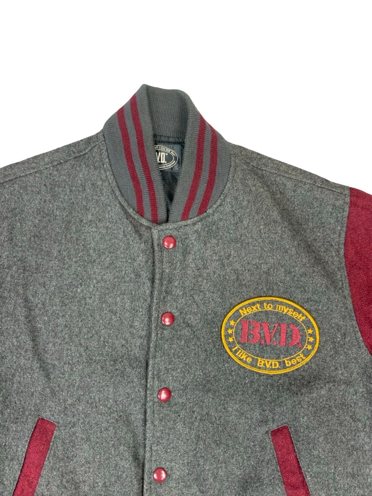 Y2K BVD WOOL GREY & BURGUNDY TWO TONE VARSITY JACKET 38 S