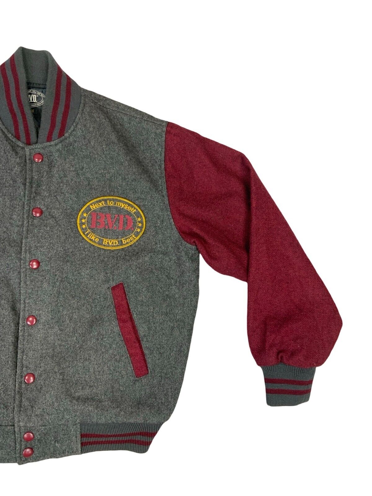 Y2K BVD WOOL GREY & BURGUNDY TWO TONE VARSITY JACKET 38 S