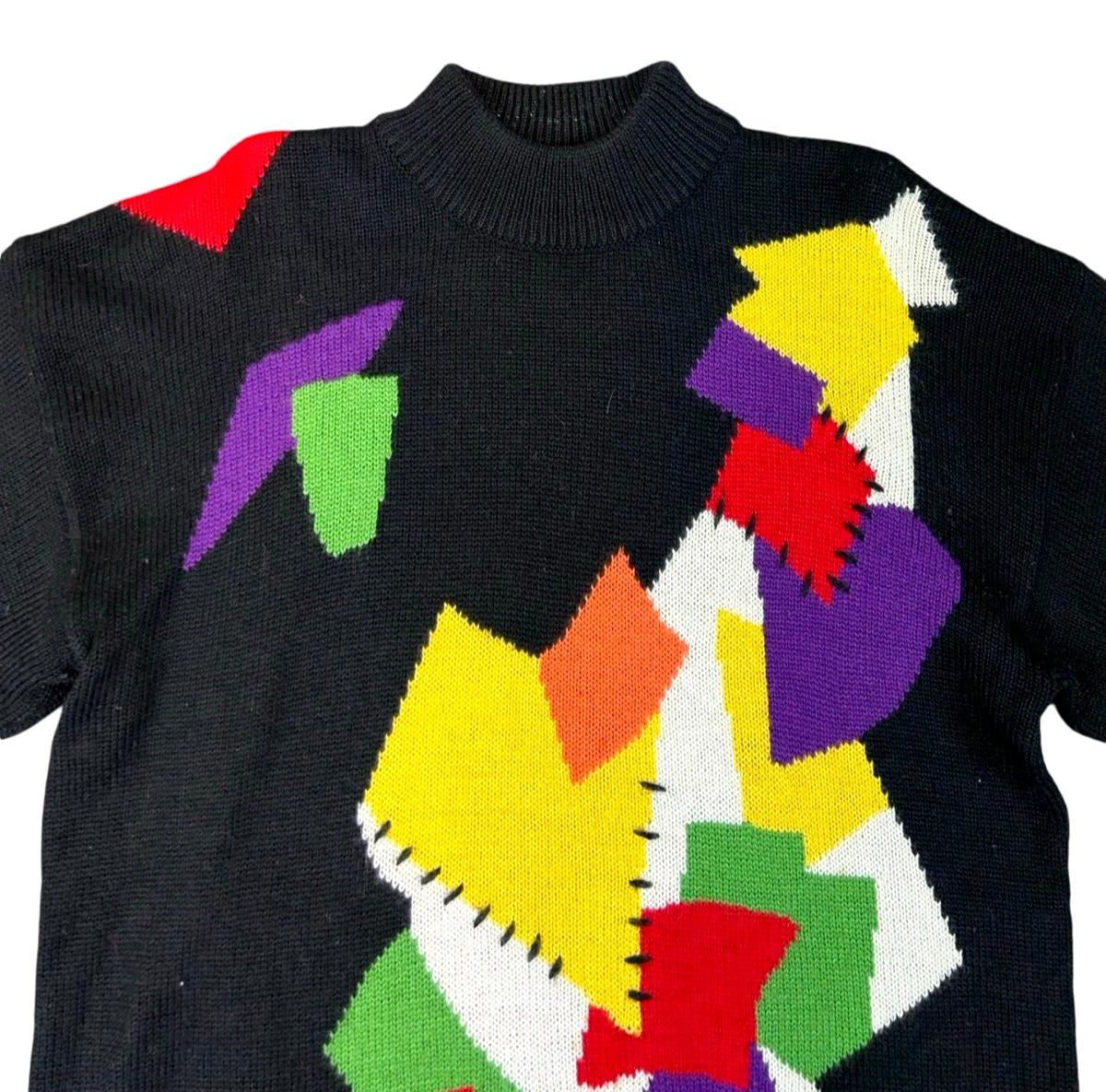 VTG 80s BETTY BARCLAY BLACK MULTICOLOUR ABSTRACT PATTERN HIGH NECK JUMPER UK 14