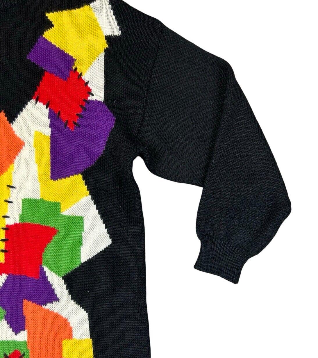 VTG 80s BETTY BARCLAY BLACK MULTICOLOUR ABSTRACT PATTERN HIGH NECK JUMPER UK 14