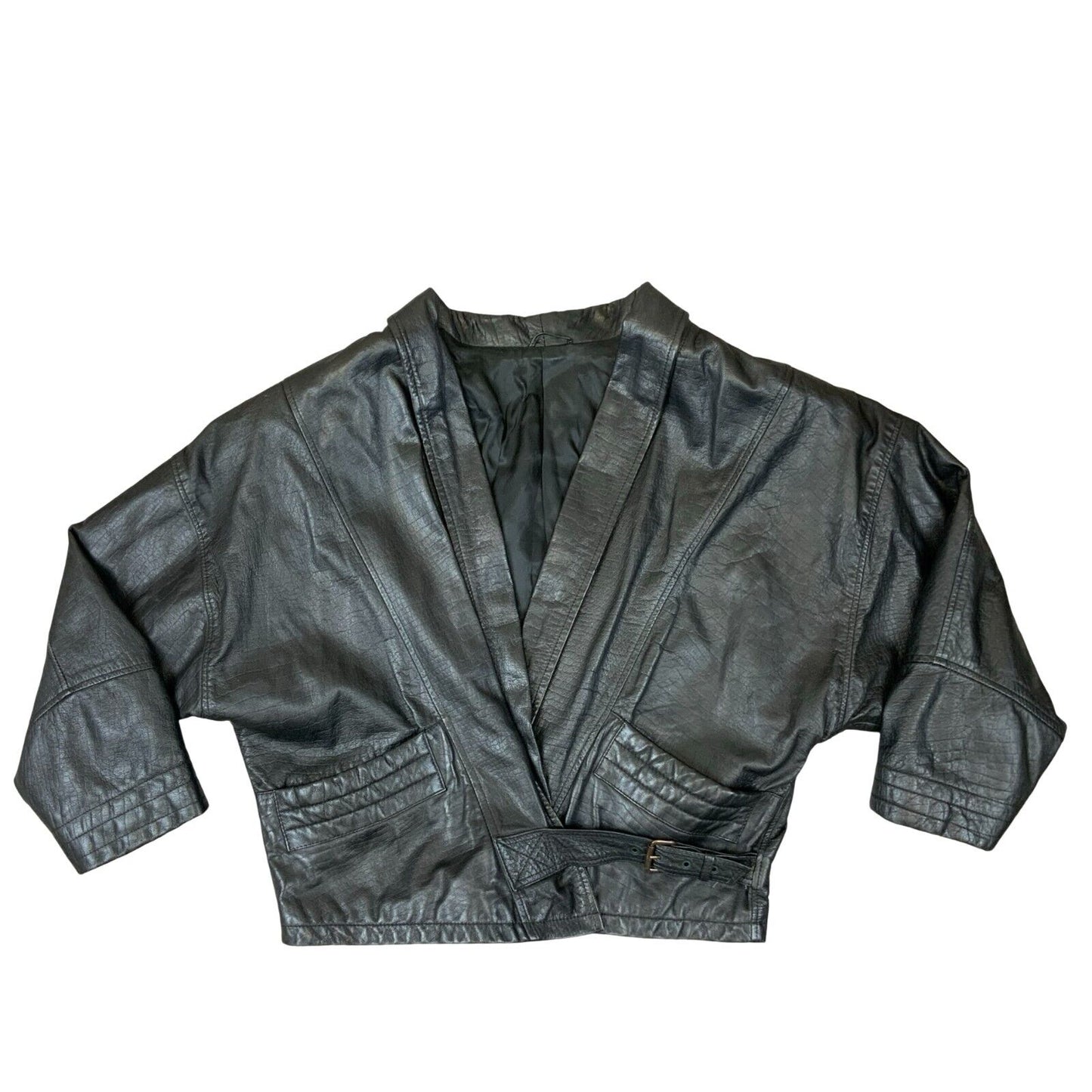 VTG 1980s LADIES PELLE MODA ITALIAN BLACK LEATHER JACKET BUCKLE FASTENING S 8-10