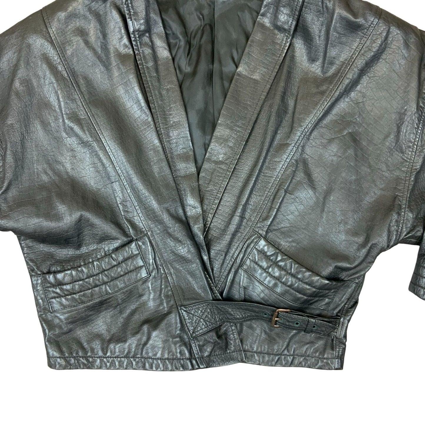 VTG 1980s LADIES PELLE MODA ITALIAN BLACK LEATHER JACKET BUCKLE FASTENING S 8-10