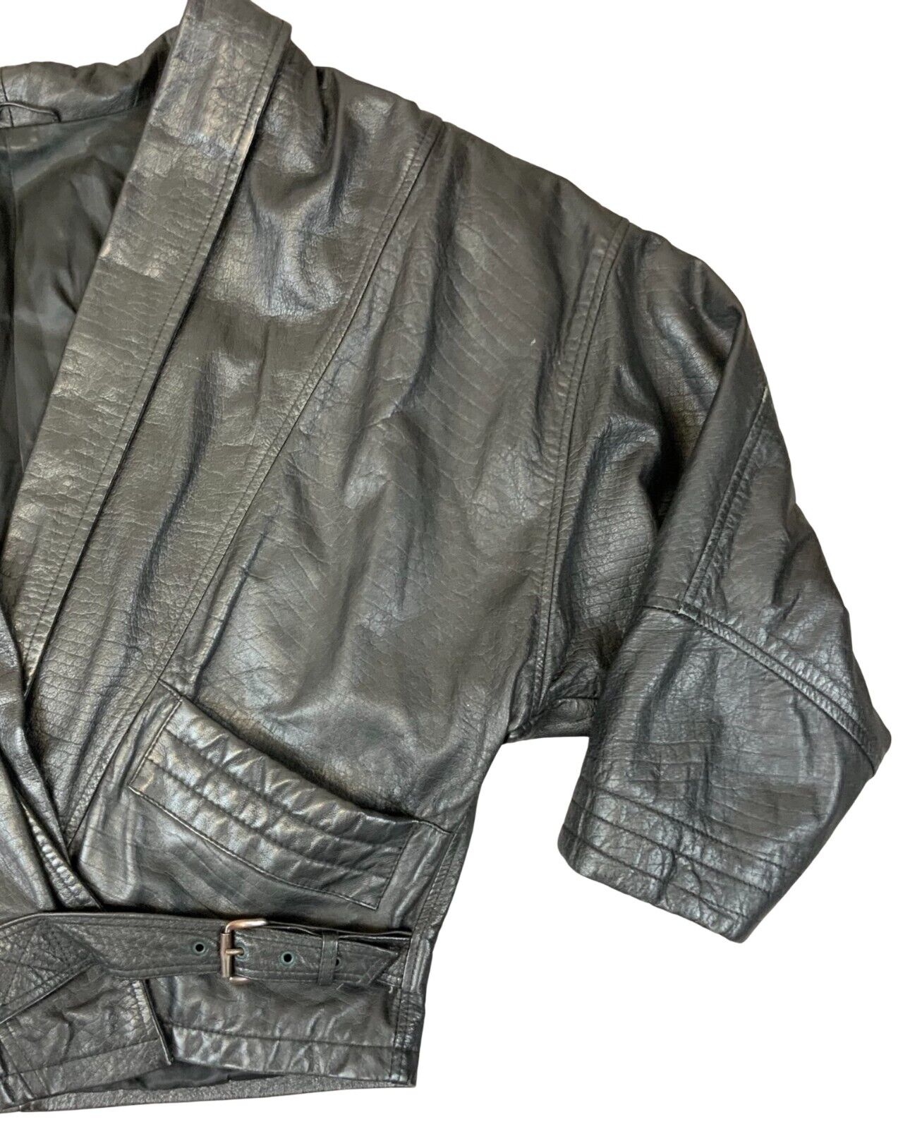 VTG 1980s LADIES PELLE MODA ITALIAN BLACK LEATHER JACKET BUCKLE FASTENING S 8-10