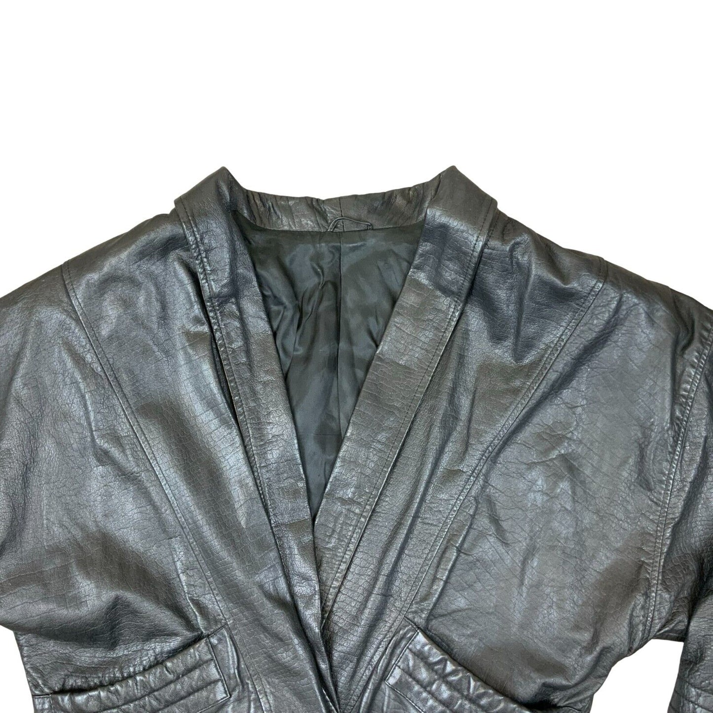 VTG 1980s LADIES PELLE MODA ITALIAN BLACK LEATHER JACKET BUCKLE FASTENING S 8-10