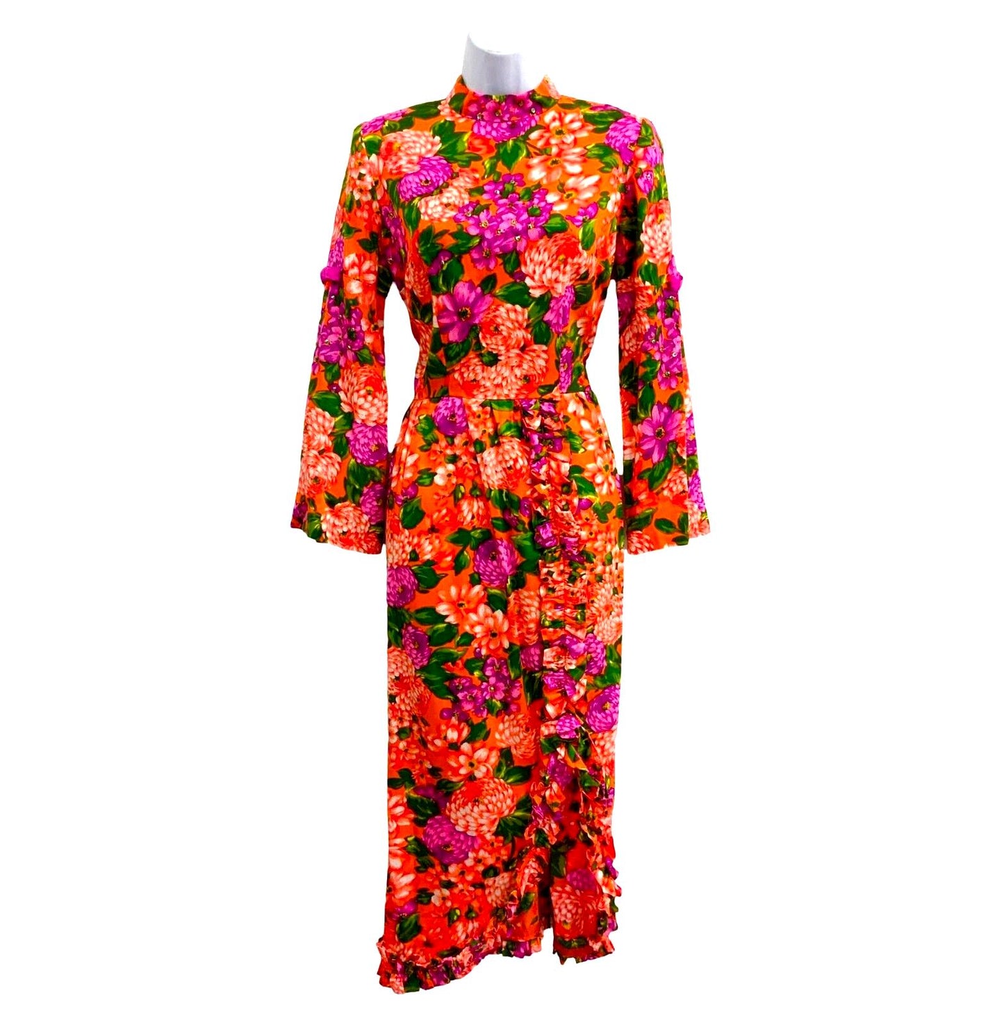 VTG 70s ORANGE PURPLE GREEN FLORAL SEQUINNED MOCK NECK MAXI DRESS UK 6