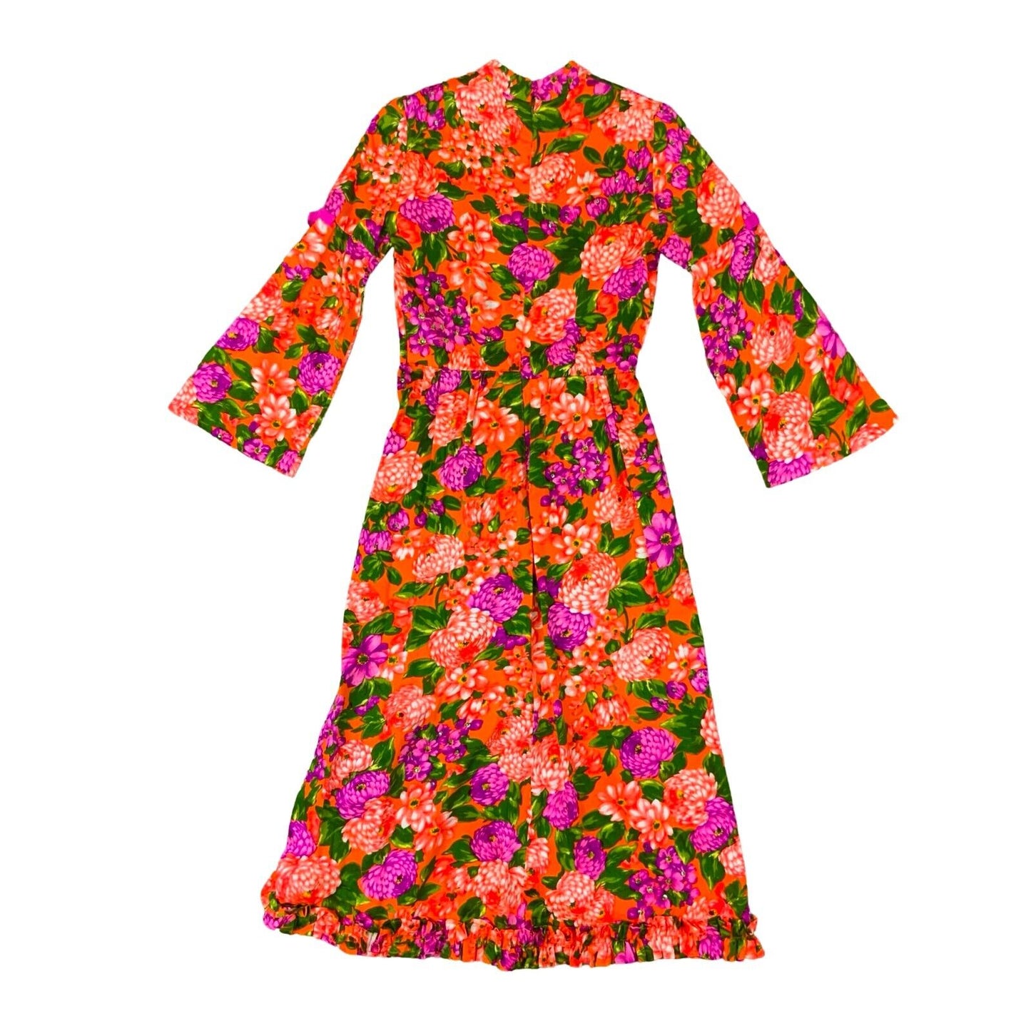 VTG 70s ORANGE PURPLE GREEN FLORAL SEQUINNED MOCK NECK MAXI DRESS UK 6