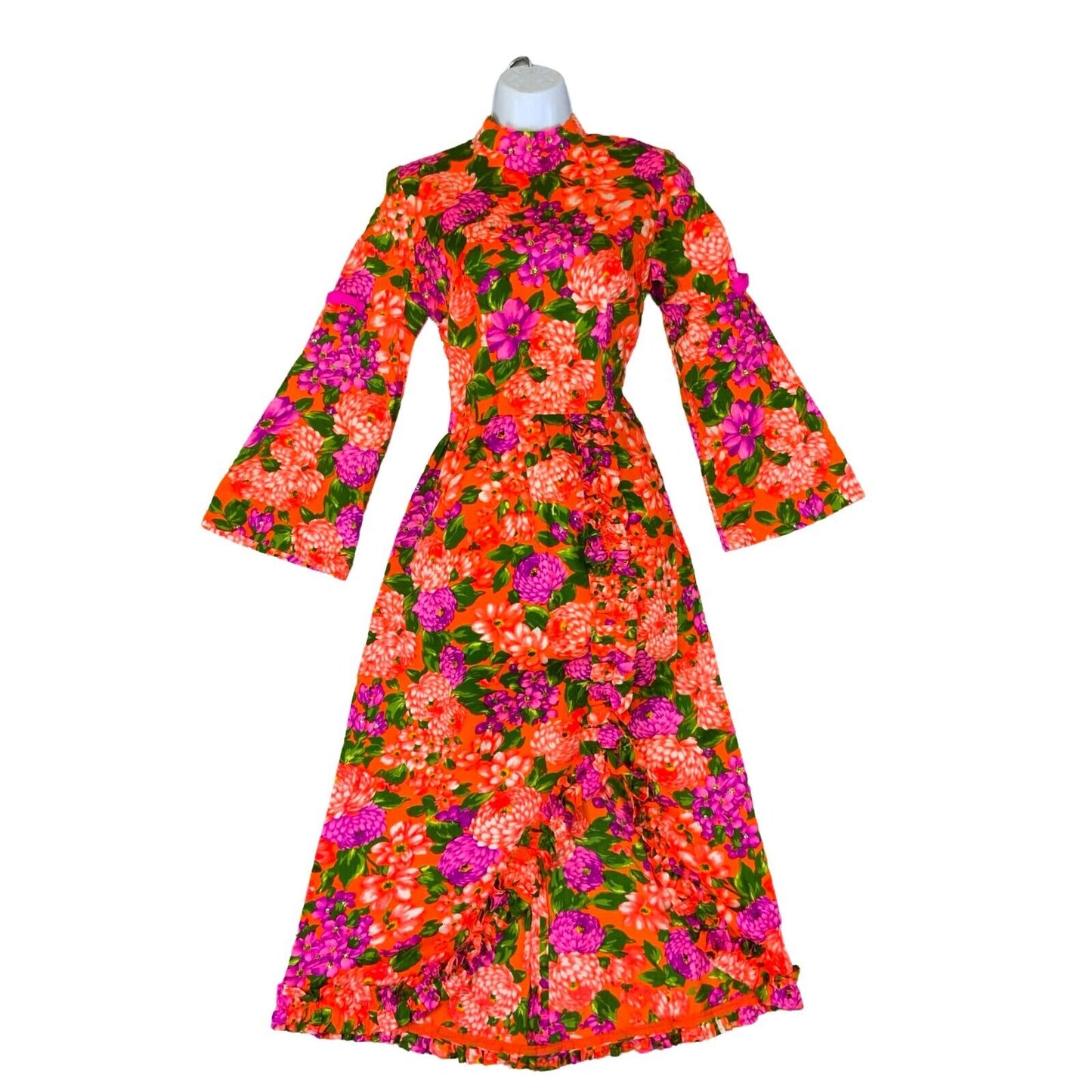 VTG 70s ORANGE PURPLE GREEN FLORAL SEQUINNED MOCK NECK MAXI DRESS UK 6