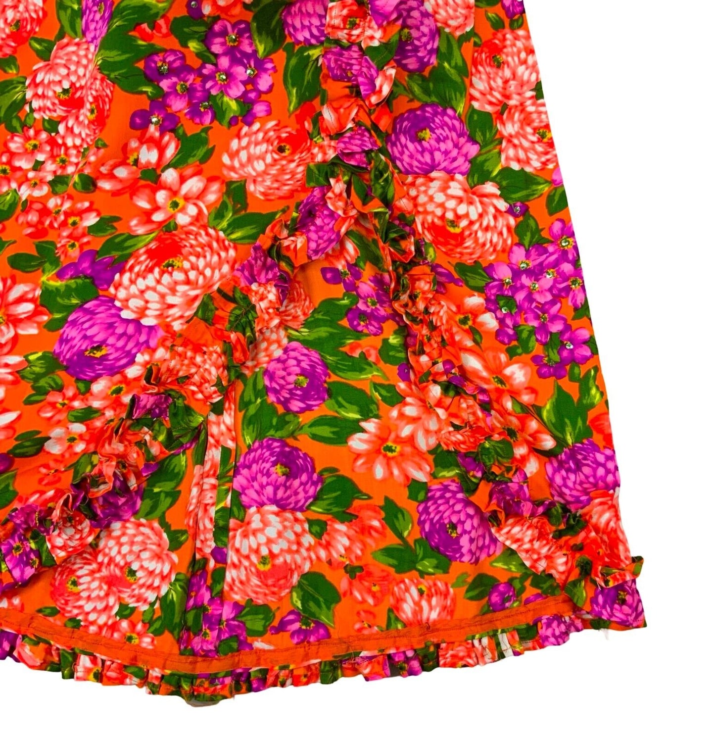 VTG 70s ORANGE PURPLE GREEN FLORAL SEQUINNED MOCK NECK MAXI DRESS UK 6
