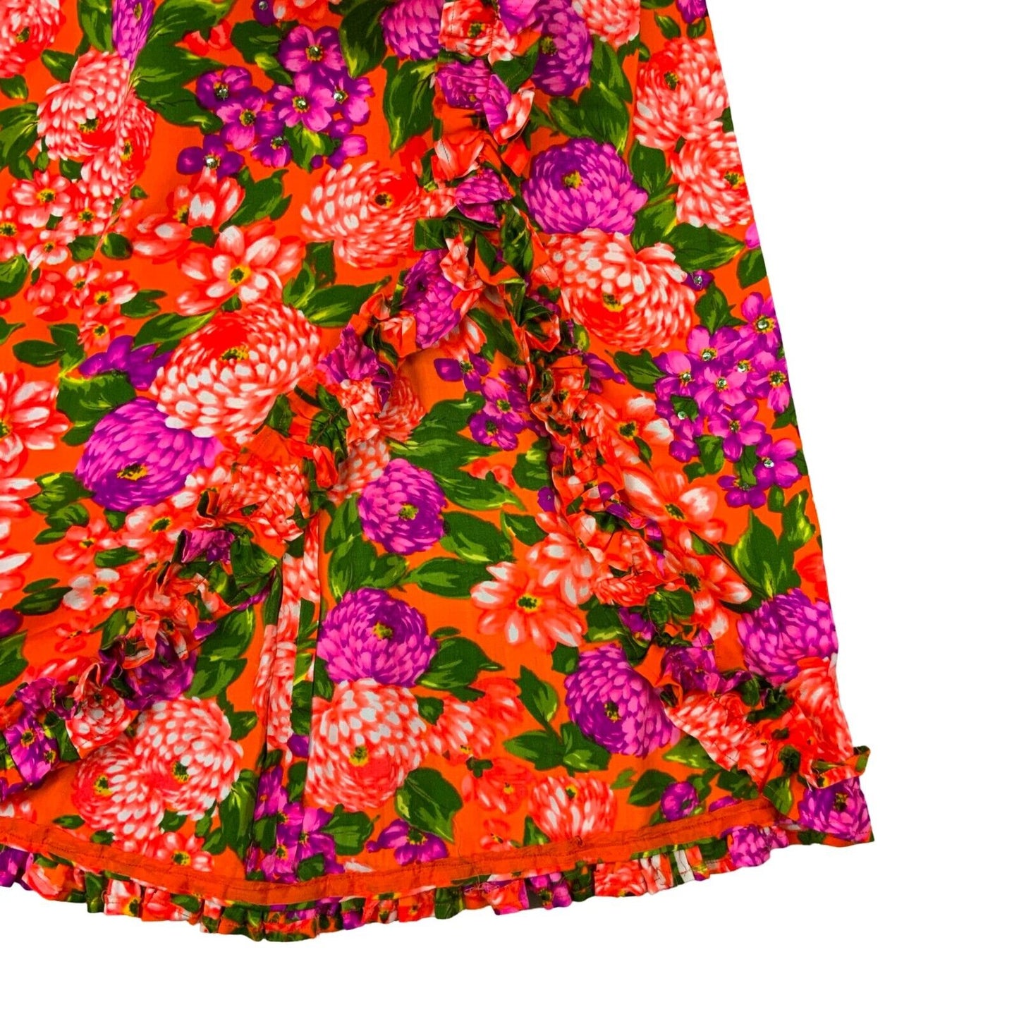 VTG 70s ORANGE PURPLE GREEN FLORAL SEQUINNED MOCK NECK MAXI DRESS UK 6