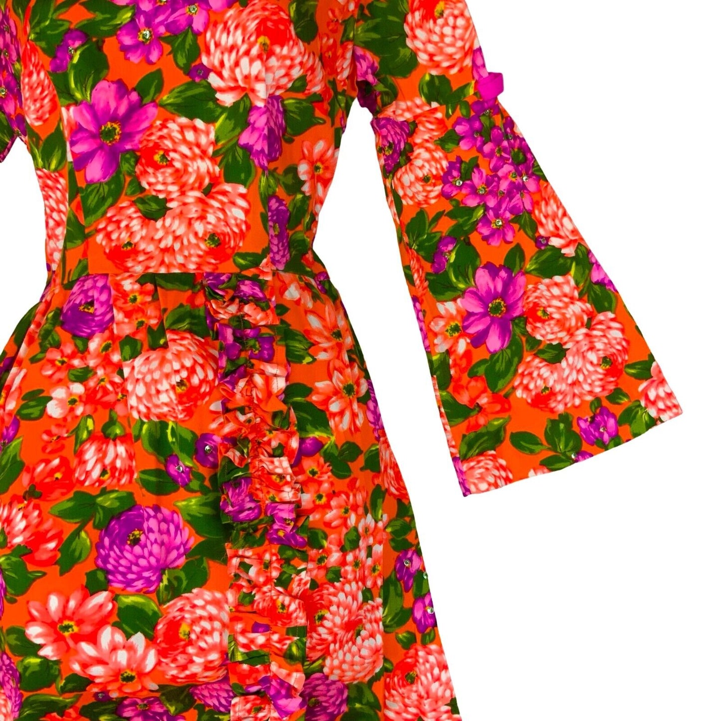 VTG 70s ORANGE PURPLE GREEN FLORAL SEQUINNED MOCK NECK MAXI DRESS UK 6