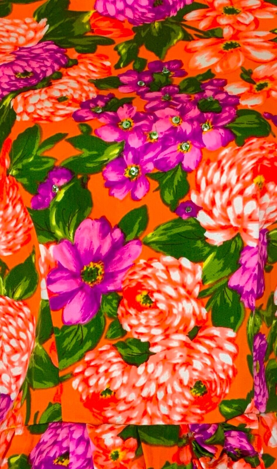 VTG 70s ORANGE PURPLE GREEN FLORAL SEQUINNED MOCK NECK MAXI DRESS UK 6