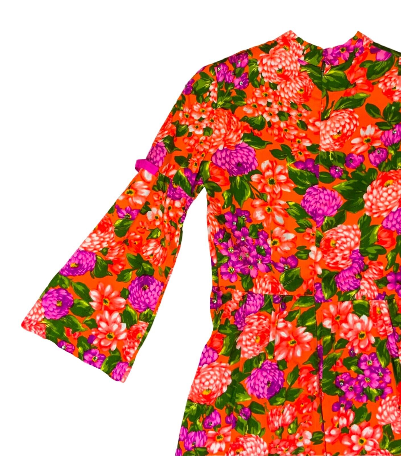 VTG 70s ORANGE PURPLE GREEN FLORAL SEQUINNED MOCK NECK MAXI DRESS UK 6