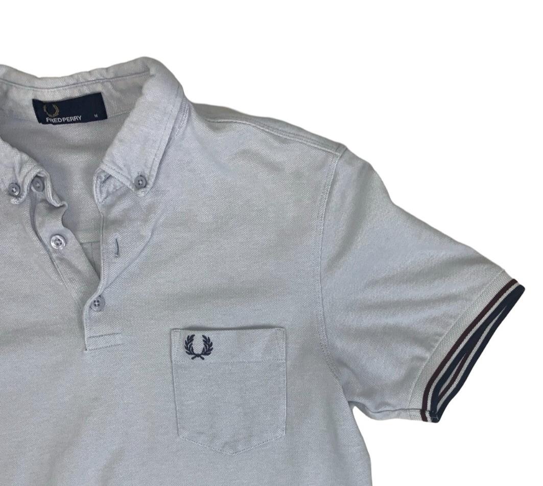 VTG FRED PERRY BLUE BROWN TWIN TIPPED M3561 POLO NECK SHIRT SMALL