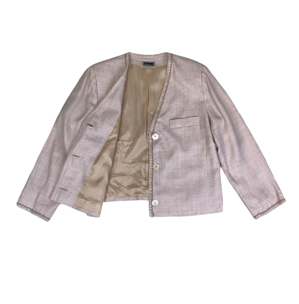 VTG 80S LOUISA SPAGNOLI PINK BEIGE CROSSHATCH BLAZER JACKET L 16