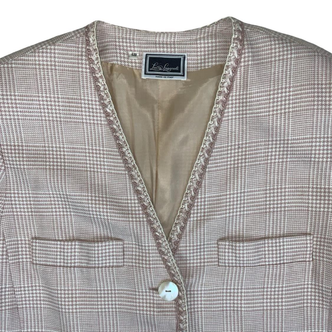 VTG 80S LOUISA SPAGNOLI PINK BEIGE CROSSHATCH BLAZER JACKET L 16