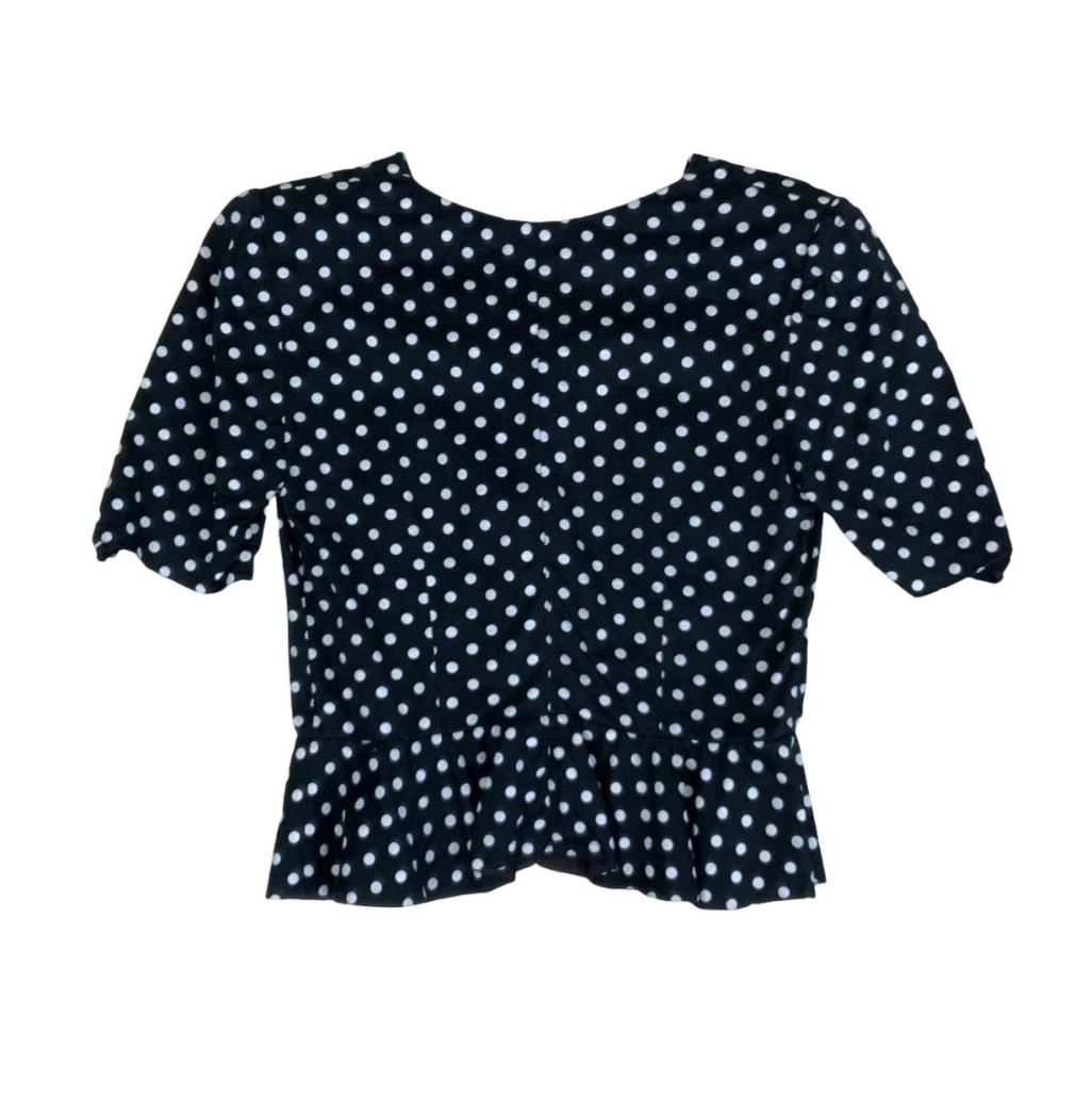 VTG LUISA SPAGNOLI ITALIAN DESIGNER POLKA-DOT RETRO PEPLUM BLOUSE SMALL