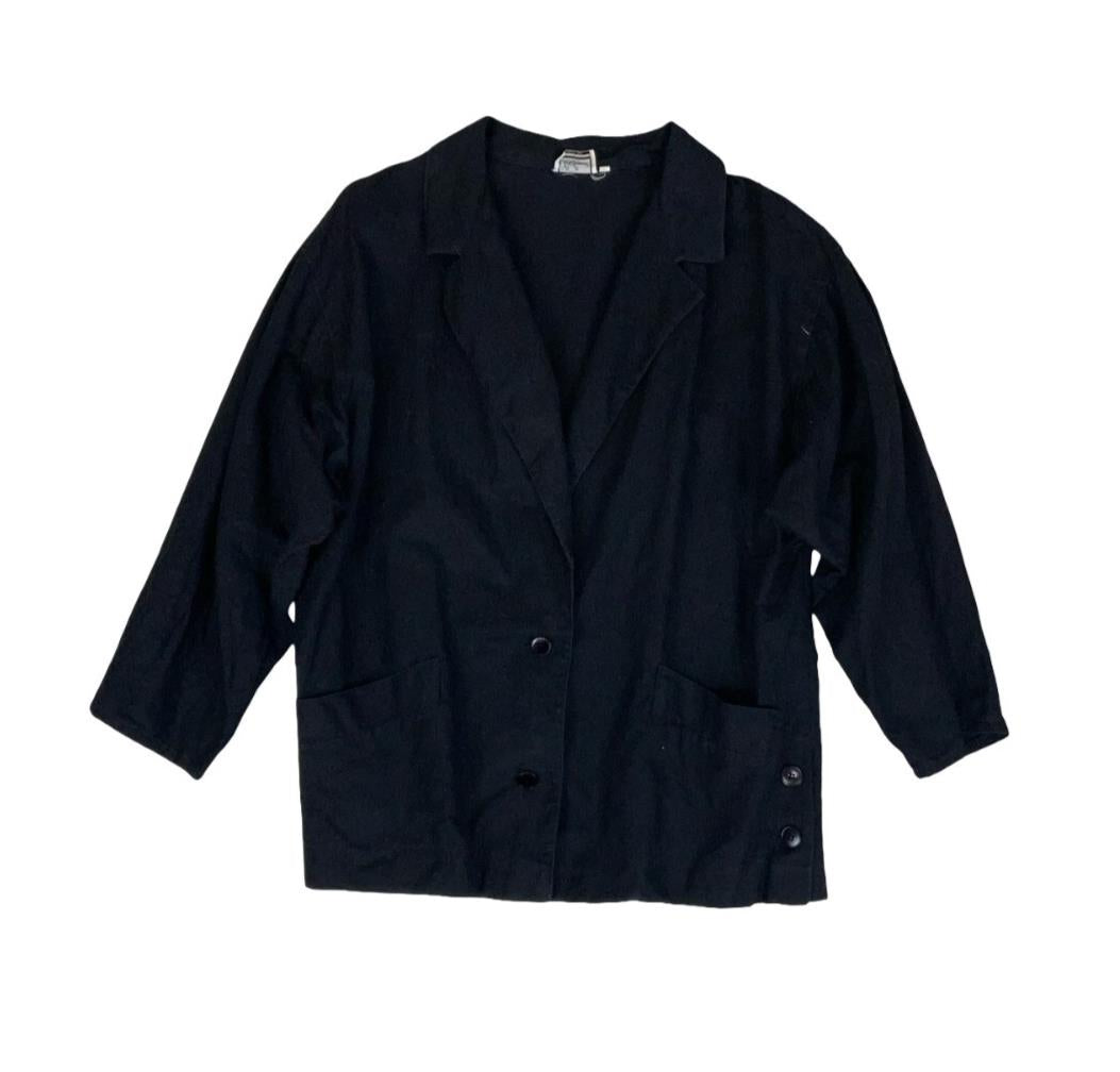 VTG 80s 90s LUISA SPAGNOLI WOMENS BLACK LINEN BLAZER JACKET UK 14 16