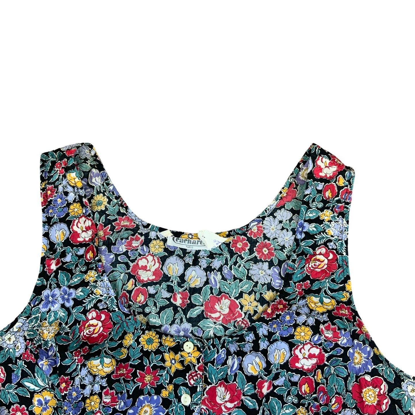 VTG 80s CACHAREL MULTICOLOUR SLEEVELESS BUTTON UP FLORAL BLOUSE TOP SIZE UK 10
