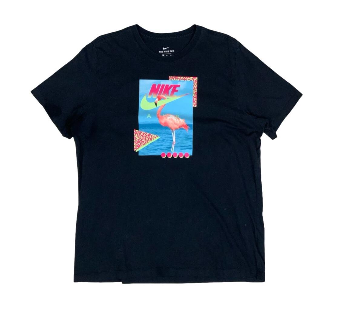 NIKE TEE BLACK SPORTSWEAR BEACH FLAMINGO NEON GRAPHIC T-SHIRT LARGE