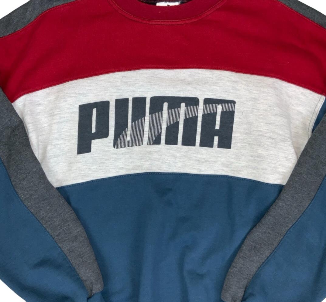 VTG 90S PUMA GREY RED BLUE PULL-OVER SWEATSHIRT MEDIUM