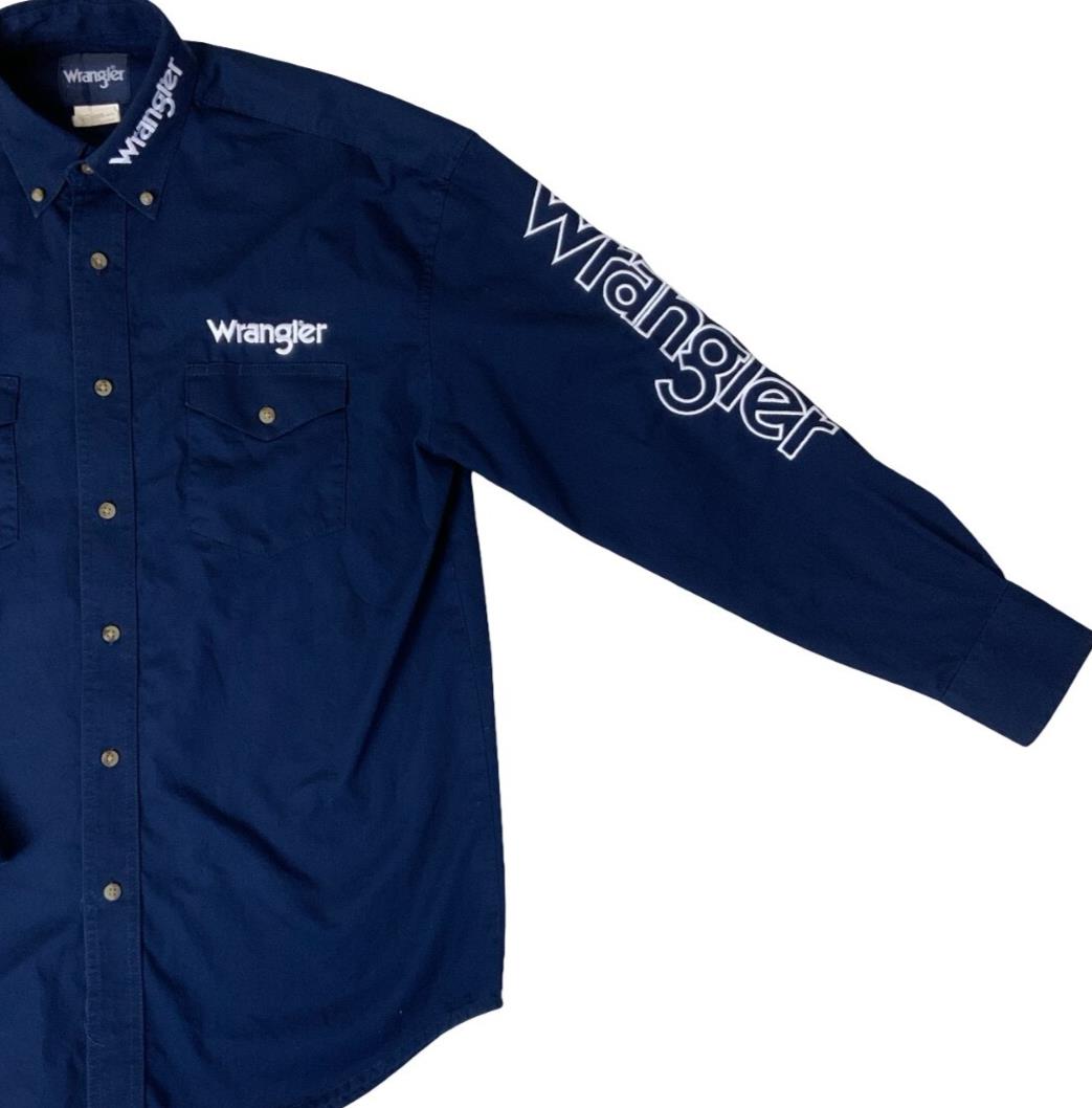 VTG 90S Y2K WRANGLER BLUE RETRO WESTERN EMBROIDERED LOGO SHIRT MEDIUM