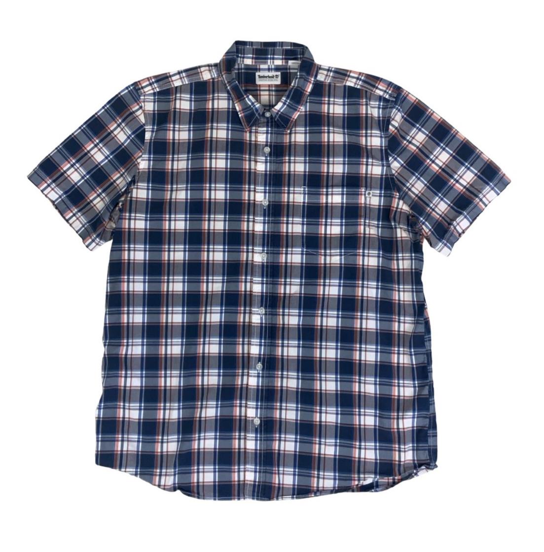 VTG 90S TIMBERLAND BLUE WHITE PINK PLAID SHORT SLEEVED SHIRT L XL