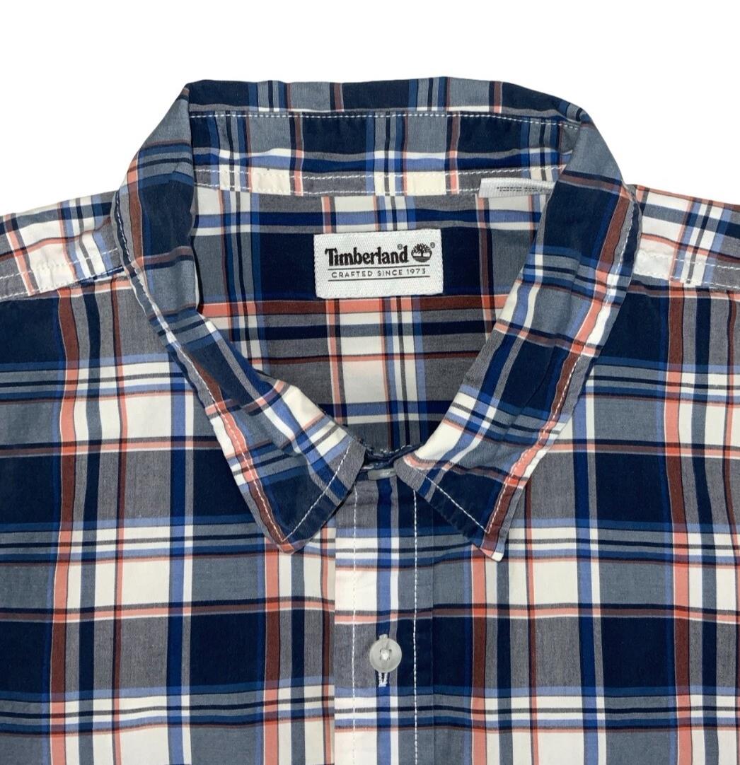VTG 90S TIMBERLAND BLUE WHITE PINK PLAID SHORT SLEEVED SHIRT L XL
