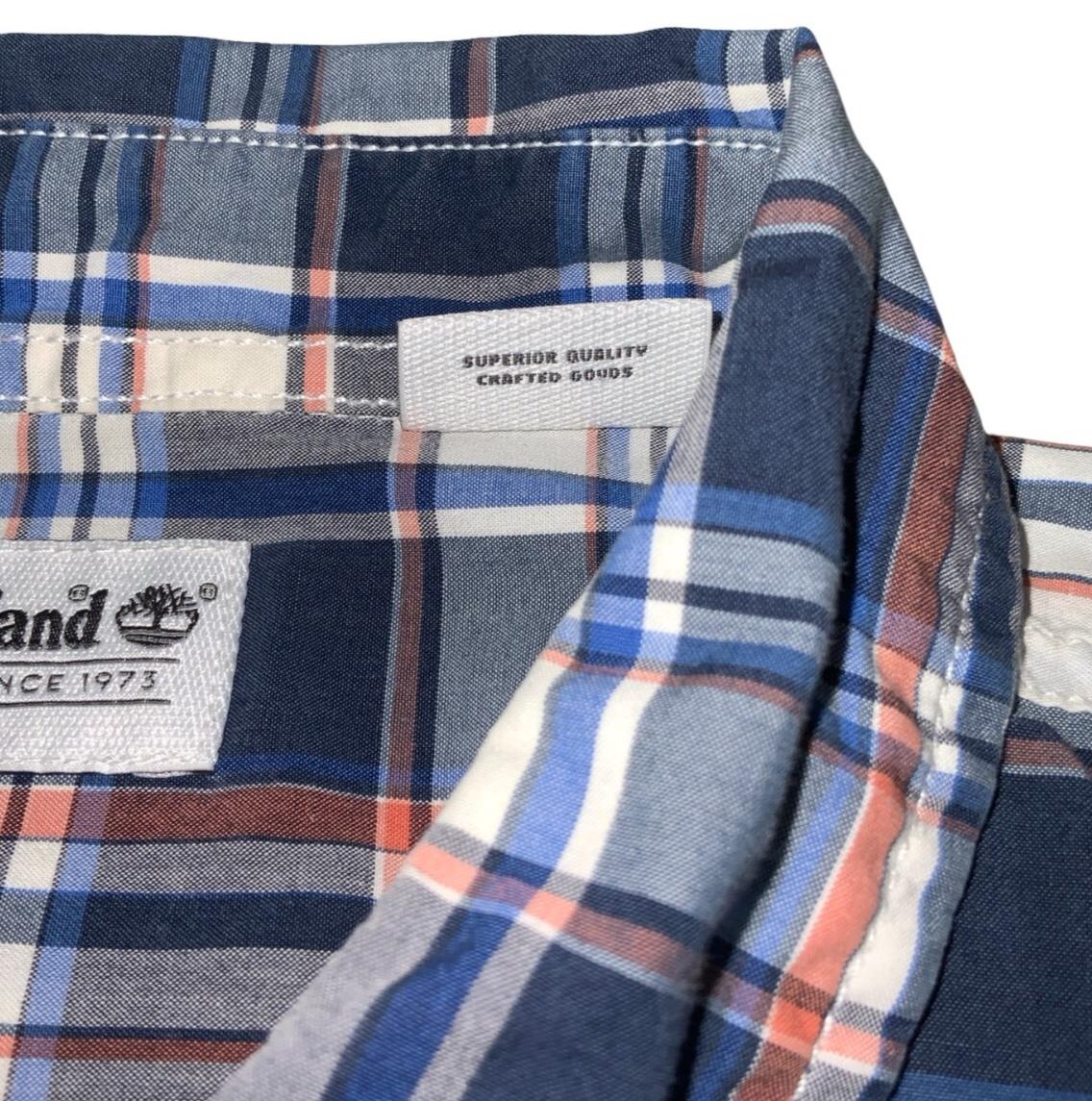 VTG 90S TIMBERLAND BLUE WHITE PINK PLAID SHORT SLEEVED SHIRT L XL