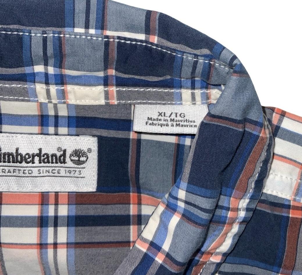 VTG 90S TIMBERLAND BLUE WHITE PINK PLAID SHORT SLEEVED SHIRT L XL