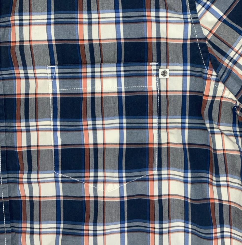 VTG 90S TIMBERLAND BLUE WHITE PINK PLAID SHORT SLEEVED SHIRT L XL