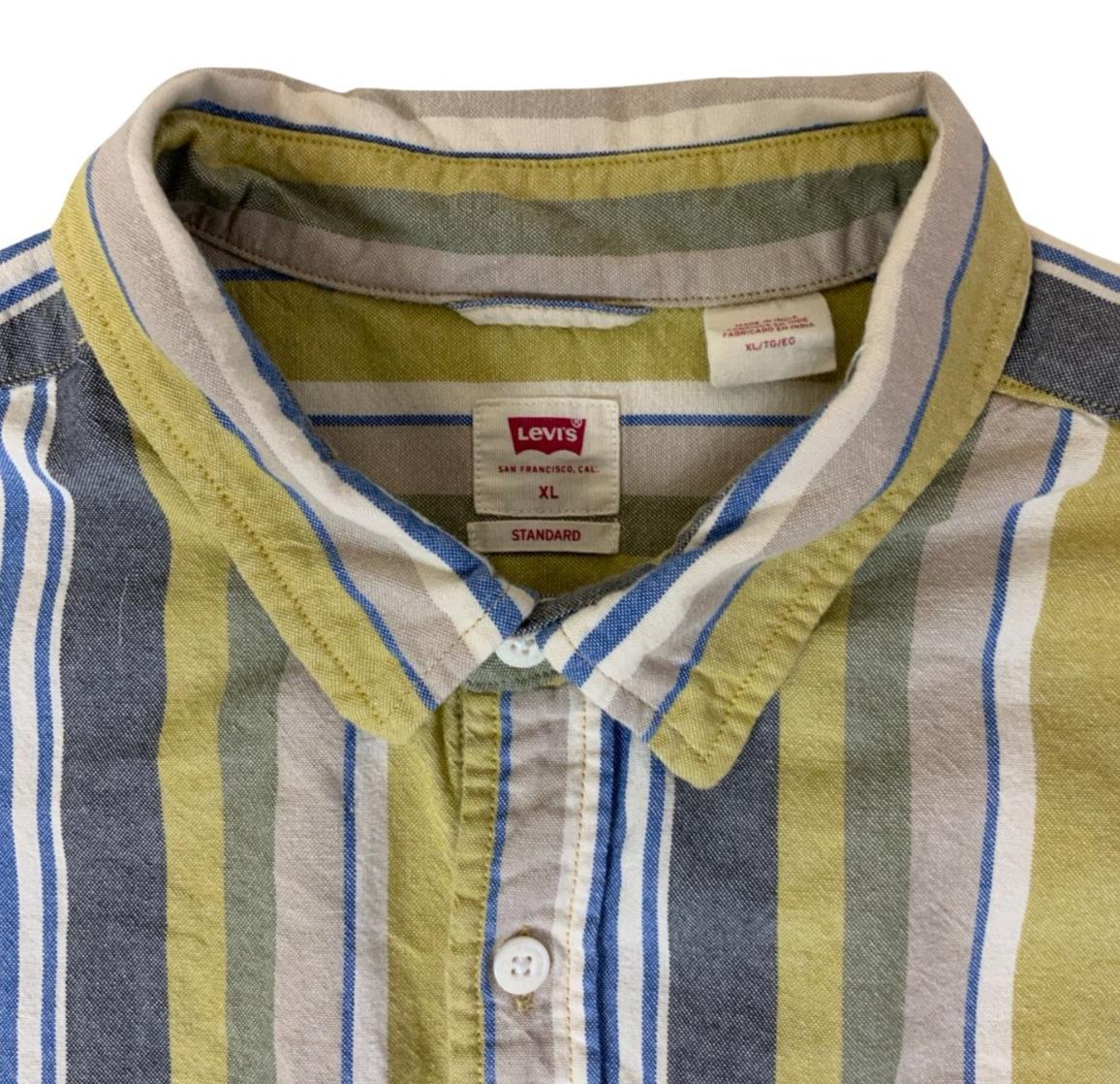 VTG LEVI'S YELLOW BLUE BEIGE STRIPED SHORT SLEEVED CASUAL SHIRT LARGE 47"