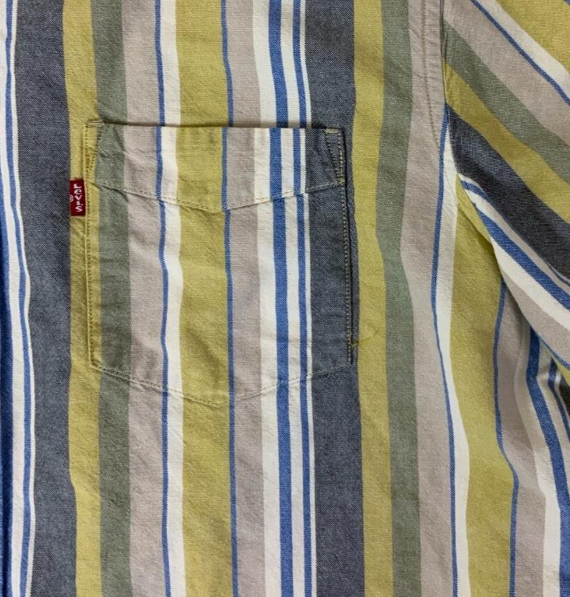 VTG LEVI'S YELLOW BLUE BEIGE STRIPED SHORT SLEEVED CASUAL SHIRT LARGE 47"